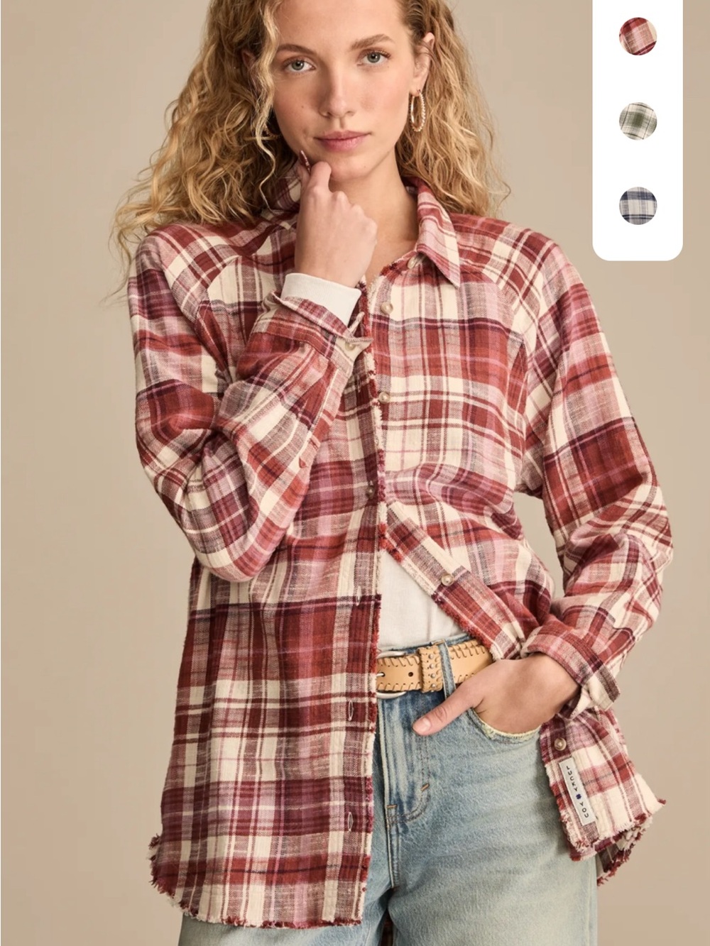NWT Lucky Brand Red and Cream Plaid Button-Down Shirt
